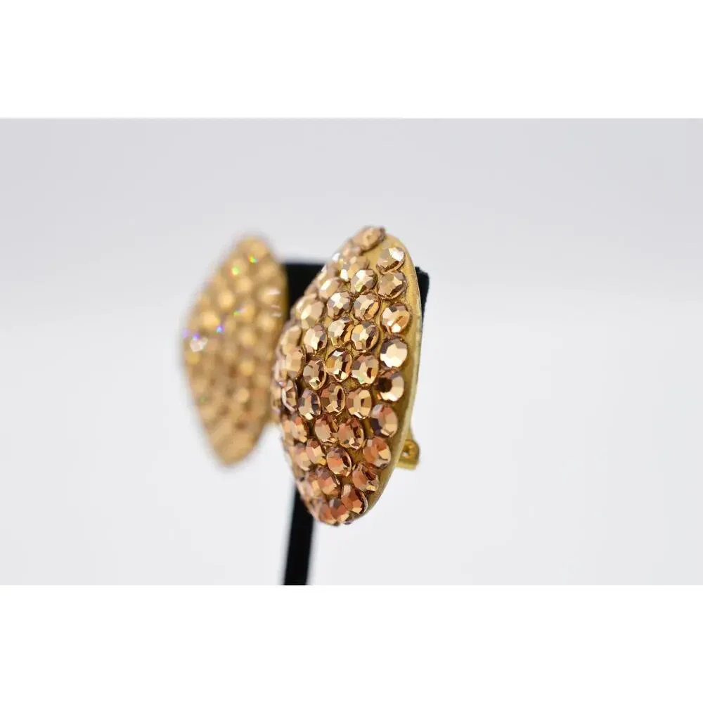 Vintage Crystal Clip Earrings Sparkling Brown Rhinestone Round Chunky 1980s 9L